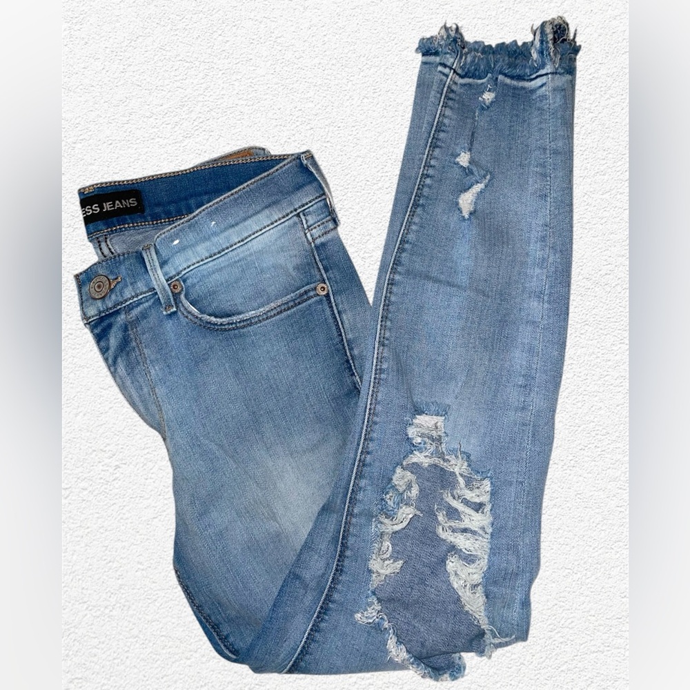Women's Express Mid Rise Stretchy Distressed Raw Hem Ankle Leggings Jeans Size 8